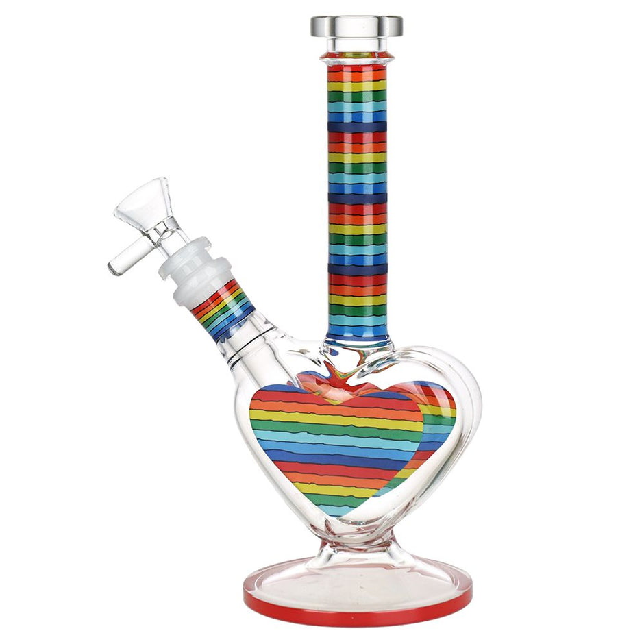 Rainbow Striped Heart Glass Water Pipe - 8.5" / 14mm F